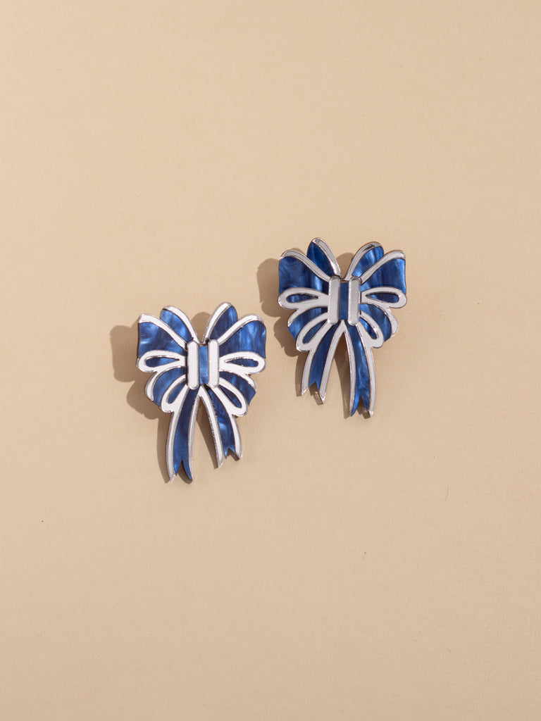 Festive Bow Earrings in Navy & Silver