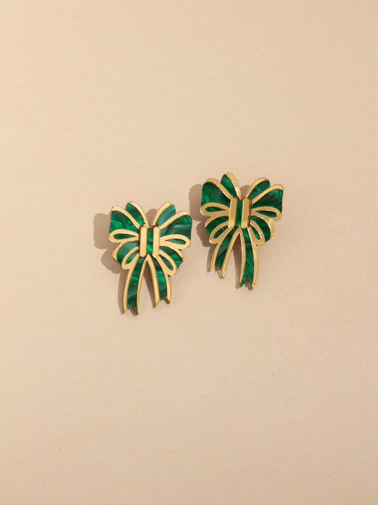 Festive Bow Earrings in Green & Gold
