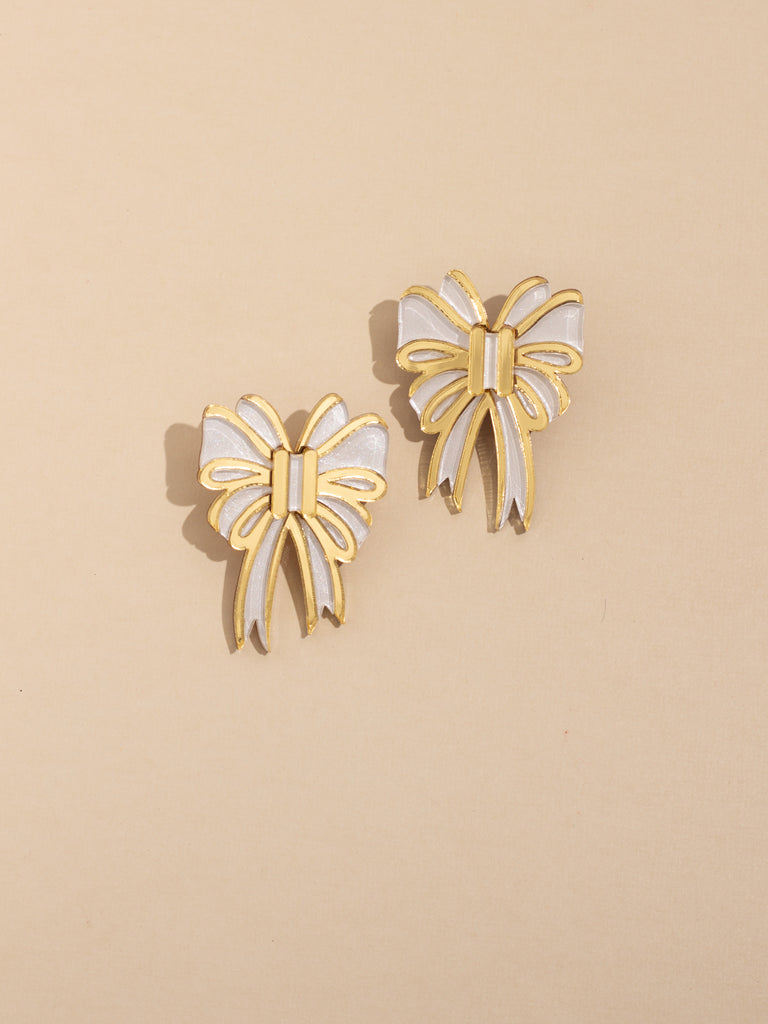 Festive Bow Earrings in White & Gold